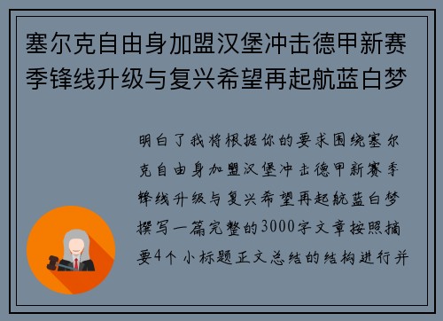 塞尔克自由身加盟汉堡冲击德甲新赛季锋线升级与复兴希望再起航蓝白梦
